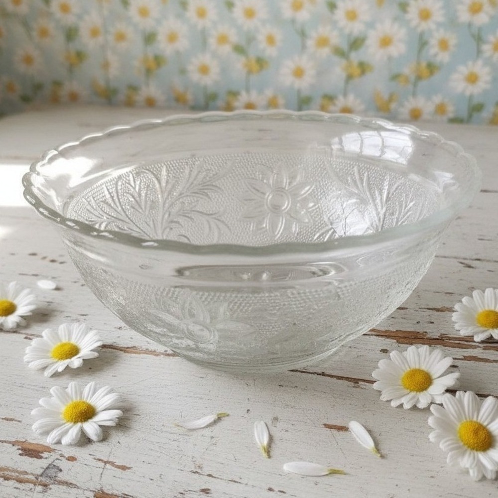 Anchor Hocking Sandwich Glass Deep Bowl, Vintage Daisy Pattern Dish, Centerpiece